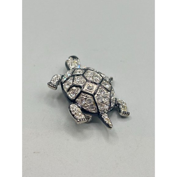 Kenneth Jay Lane KJL Turtle Pin Brooch Silver Tone Clear Crystals Black Enamel - Picture 4 of 9